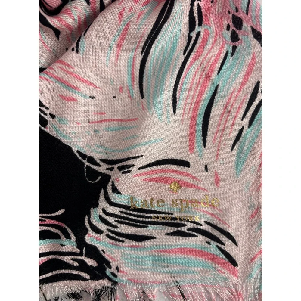 Kate Spade NY Regal Plumes Feather Scarf Pink Black Eyelash Fringe 2435